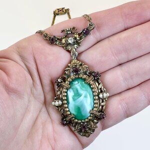 Vintage Necklace, Victorian Revival, Gold Tone, 30s, 40s, Green Swirl Glass